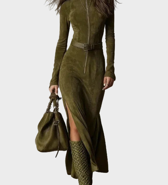 Francine - Retro Maxi Dress with Zipper and Belt