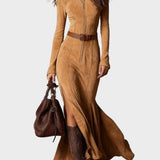 Francette - Brown Suede Maxi Dress Featuring Belt and Zipper
