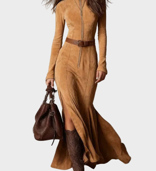 Francette - Brown Suede Maxi Dress Featuring Belt and Zipper