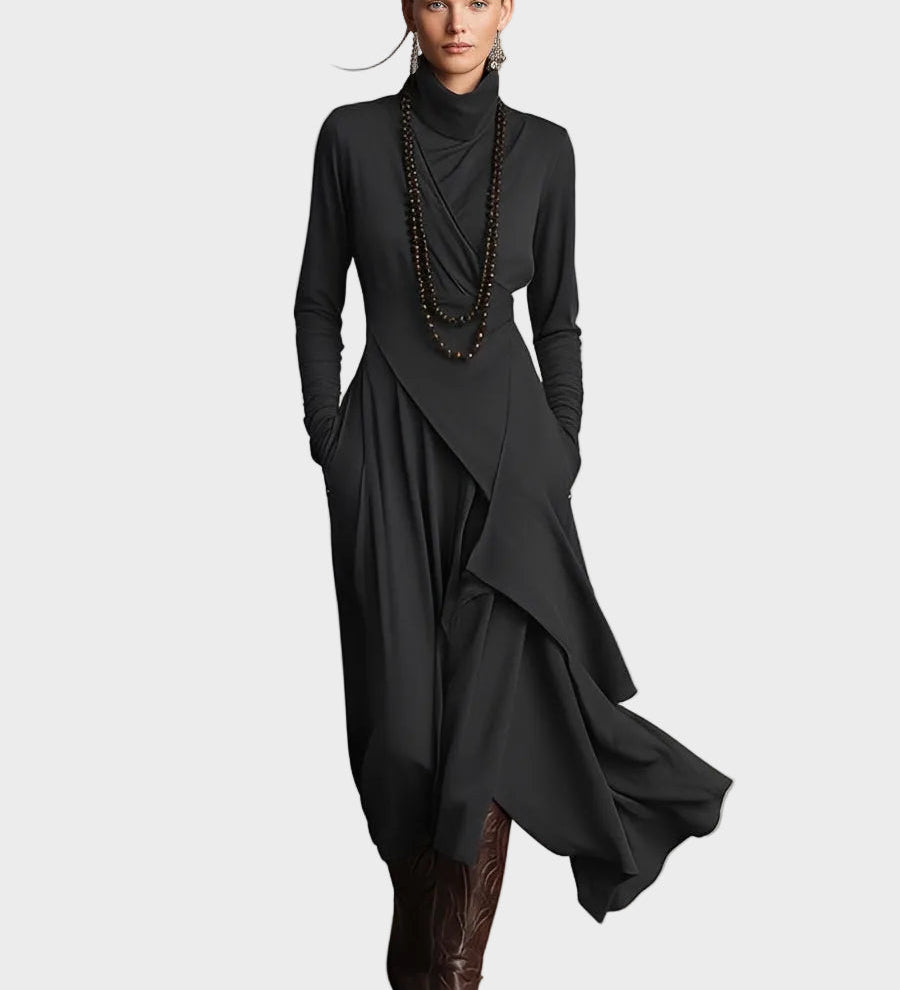 Léontine - Knit Asymmetrical Maxi Dress with Roll Neck