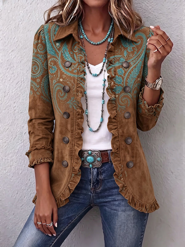 Ilse™ | Brown Blazer with Turquoise Paisley Accents
