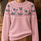 Anna | Pink Knit Jumper with Cat Pattern