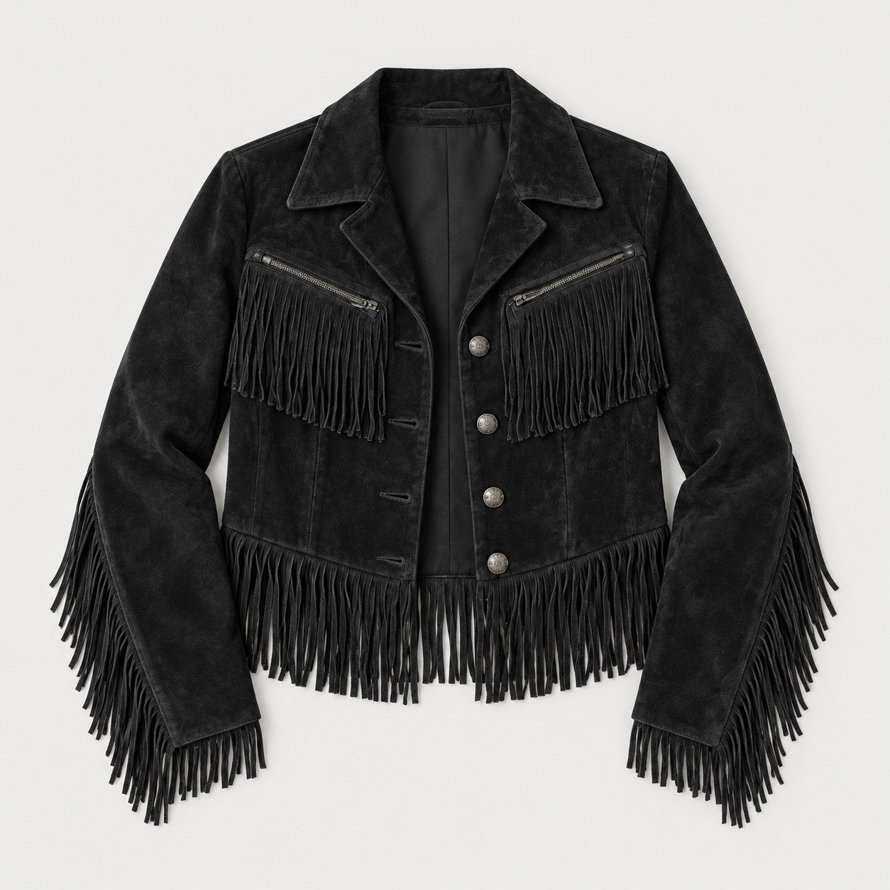 Fitted Cropped Fringe Jacket with Metal Buttons